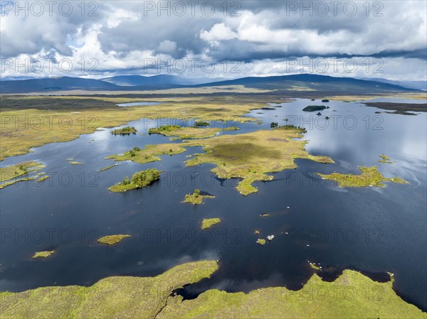 Aerial view of the islands and surrounding peat swamp of Loch Ba