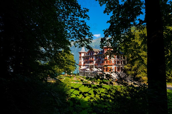 The Historical Grandhotel Giessbach on the Mountain Side in Giessbach