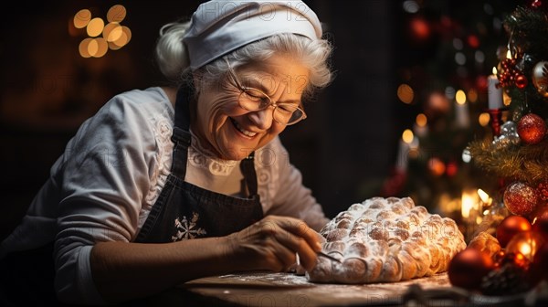 Happy elderly woman wearing her apron fixing her christmas pastries in the kitchen