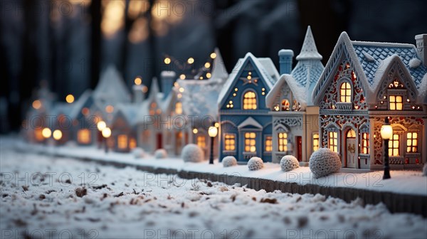 Miniature holiday christmas decorated town and snowy village scene. generative AI