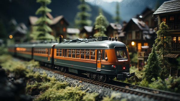 Model miniature troller train set and snowy christmas decorated town setting. generative AI