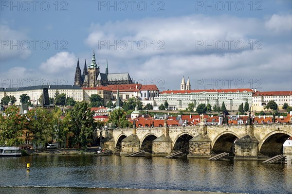 View from the Vltava River to Hradcany with Prague Castle