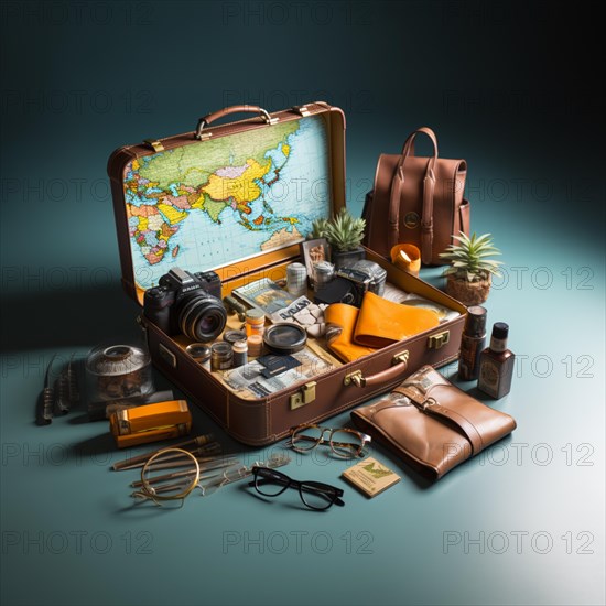 Travel preparation Packed old leather suitcase with photo