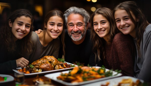 Thanksgiving family portriat at the seasonal dinner table