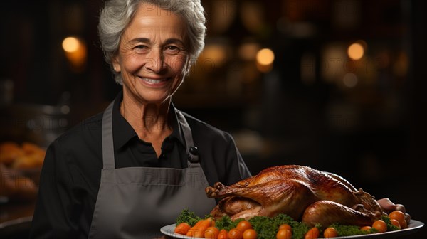 Happy elderly woman wearing her apron fixing her thanksgiving turkey and all the fixings in the kitchen