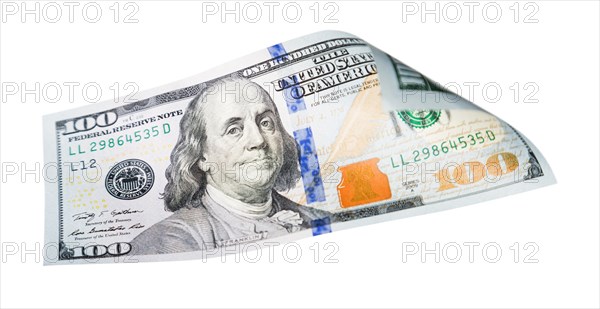 One hundred dollar bill falling or floating on empty background