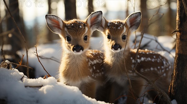 Two adorable fawn deer in the wintery wilderness. generative AI