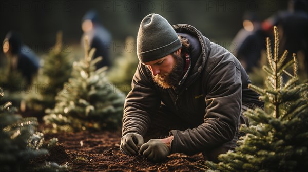 Young man working at the christmas tree farm planting new trees during the holiday season. generative AI