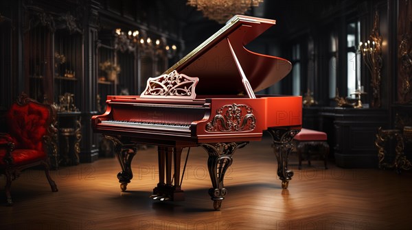 Classic ornate grand piano in A christmas decorated music room. generative AI