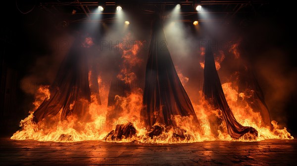 Theatre stage with red velvet curtains on fire. generative AI