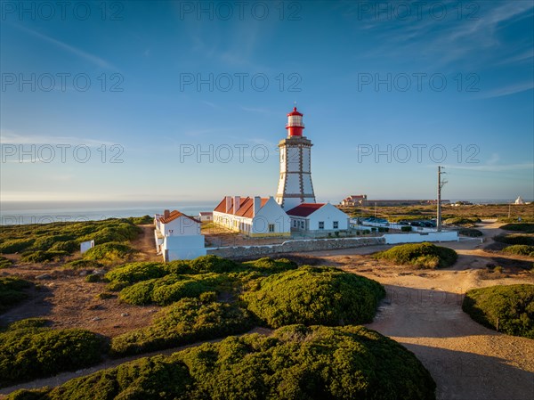 Aerial drone view of lighthouse on Cabo Espichel cape Espichel on Atlantic ocean