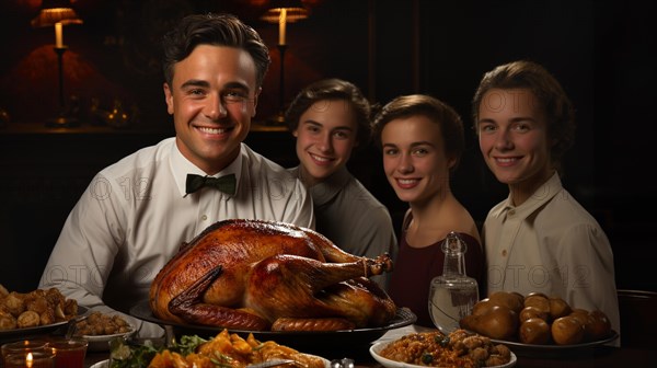 Vintage thanksgiving family portriat at the seasonal dinner table