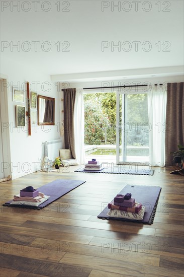 Empty yoga studio interior. Vertical shot