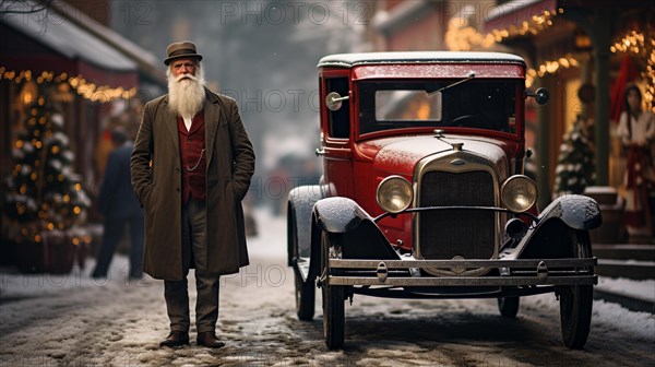 White bearded older man standing near A classic vintage car on the festively christmas decorated street. generative AI