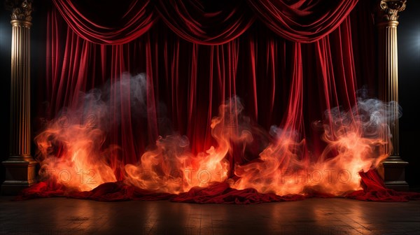 Theatre stage with red velvet curtains on fire. generative AI