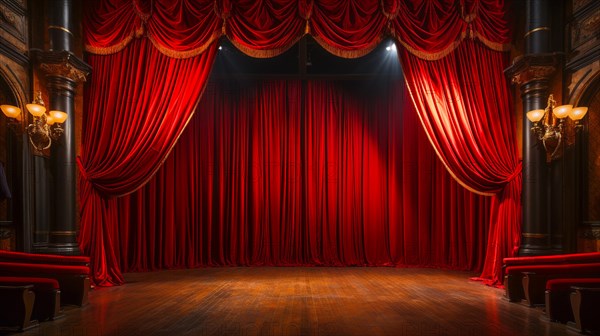 Dramatically lit lustrous red velvet theatre curtains and wooden stage floor. generative AI