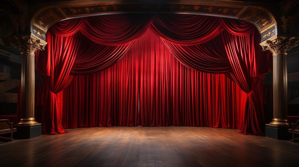 Dramatically lit lustrous red velvet theatre curtains and wooden stage floor. generative AI