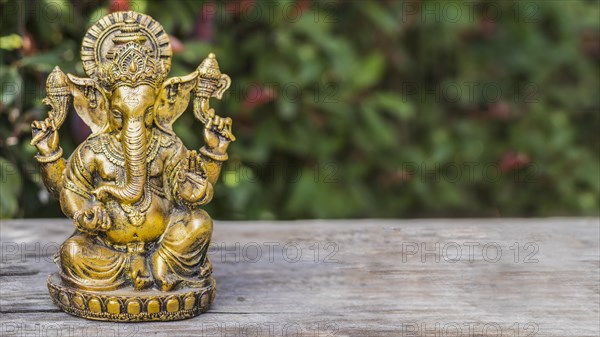 Ganesha statue sitting in meditating yoga pose on a trunk. Copy space