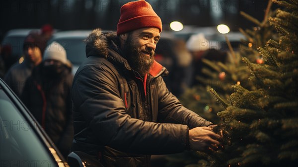Young man working at the christmas tree farm during the holiday season. generative AI