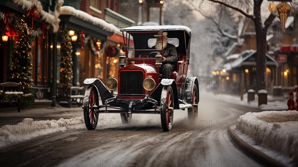 White bearded older man driving classic vintage car down the festively christmas decorated street. generative AI