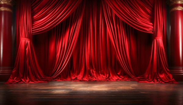 Dramatically lit lustrous red velvet theatre curtains and wooden stage floor. generative AI