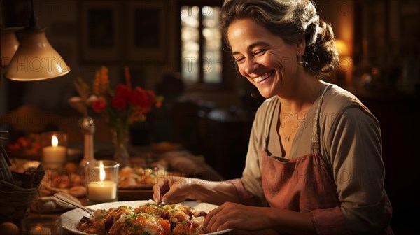 Happy elderly woman wearing her apron fixing her seasonal meal in the kitchen