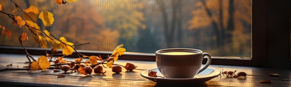 Cup resting on window sill with a fall mountain country view banner