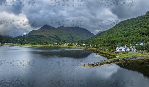 Aerial panorama of the freshwater loch Loch Leven with the village of Glen Coe