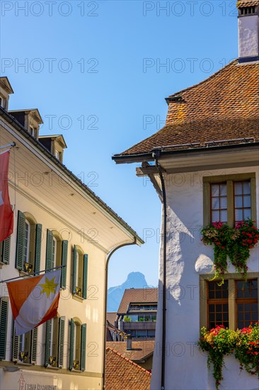 Medieval City in Old Town of Thun and Mountain Peak in a Sunny Day in Thun