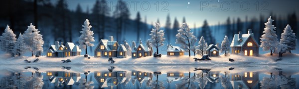 Miniature holiday christmas decorated town and snowy village scene banner. generative AI