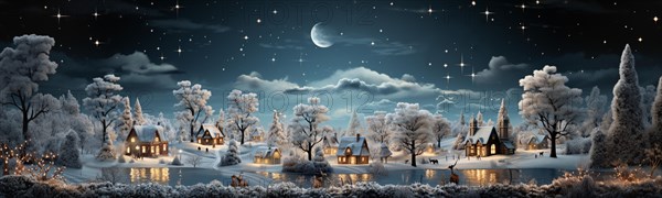 Miniature holiday christmas decorated town and snowy village scene banner. generative AI