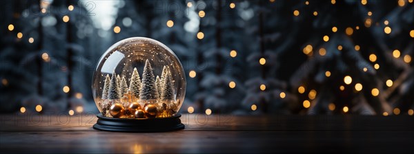 Christmas snow globe with pine trees and cabin on a wood surface banner. generative AI