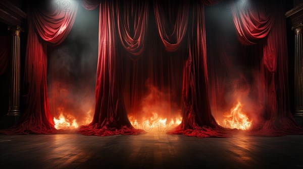 Theatre stage with red velvet curtains on fire. generative AI