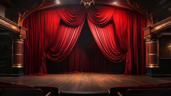 Dramatically lit lustrous red velvet theatre curtains and wooden stage floor. generative AI