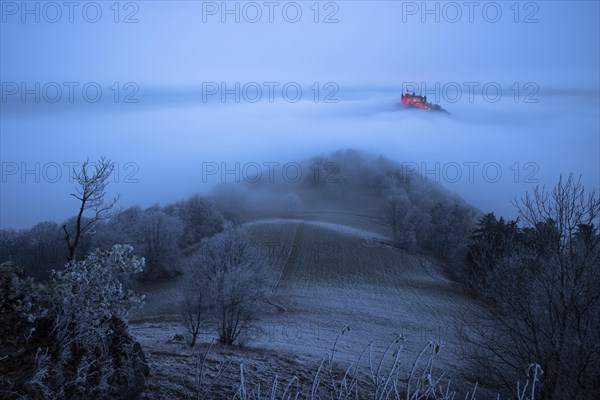 Hohenzollern Castle with Christmas lights in the fog from the Zeller Horn