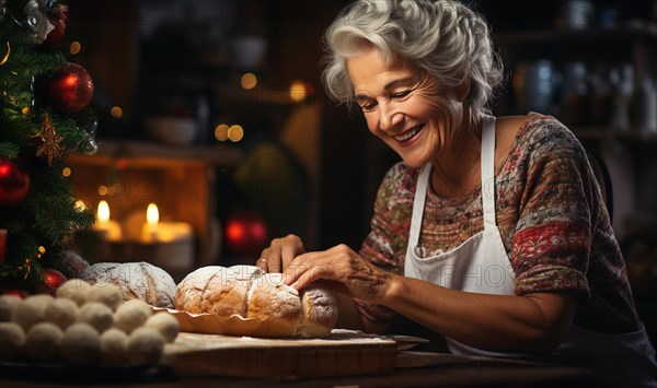 Happy elderly woman wearing her apron fixing her christmas pastries in the kitchen