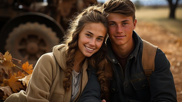 Cute teenaged couple enjoying a fall gathering on the country farm with friends