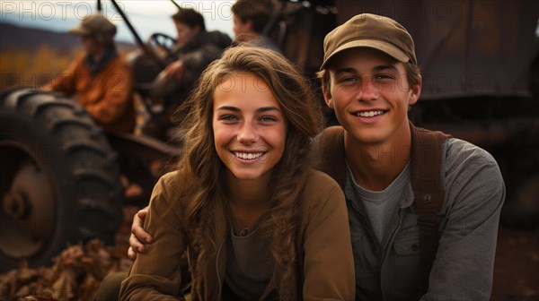 Cute teenaged couple enjoying a fall gathering on the country farm with friends