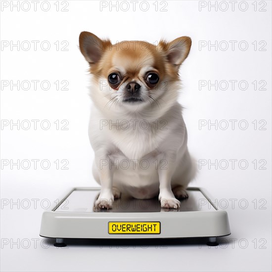 Fat Chihuahua sitting on a scale with a display showing OVERWEIGHT on it. AI generated