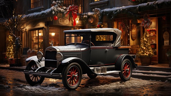 Classic vintage car parked outside the festively christmas decorated shops. generative AI