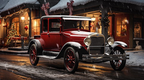 Classic vintage car parked outside the festively christmas decorated shops. generative AI