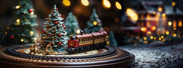 Model miniature troller train set and snowy christmas decorated town setting. generative AI