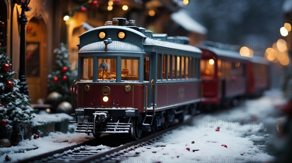 Model miniature troller train set and snowy christmas decorated town setting. generative AI