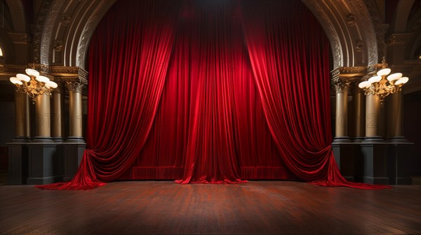 Dramatically lit lustrous red velvet theatre curtains and wooden stage floor. generative AI