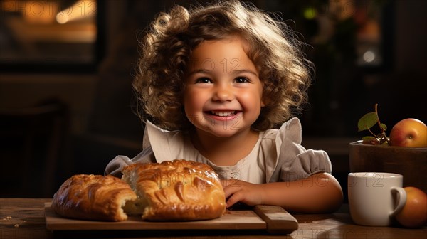 Cute little girl smiling standing next to the fresh baked bread in the kitchen
