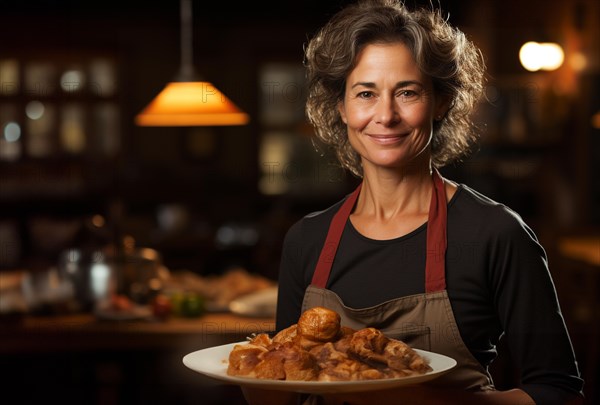 Happy middle-aged woman wearing her apron holding a plate with her seasonal meal in the kitchen