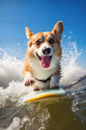 Excited Pembroke Welsh Corgi riding a wave on a surfbard on a sunny day with blue sky. AI generated