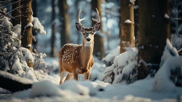 A majestic horned fallow deer buck in the wintery wilderness. generative AI