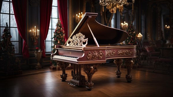 Classic ornate grand piano in A christmas decorated music room. generative AI