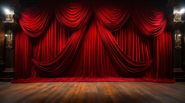 Dramatically lit lustrous red velvet theatre curtains and wooden stage floor. generative AI